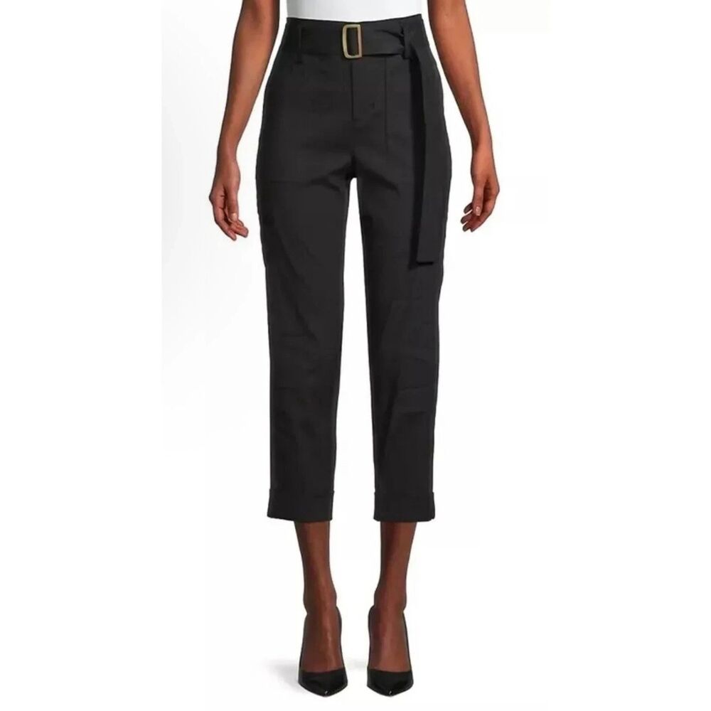 Vince. Women's Cropped Cargo Pant Black Minimalist Belted Linen Blend Size Small